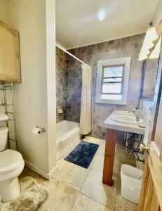 een badkamer met een toilet, een wastafel en een bad bij Crestone Mountain Gem Hideaway in Crestone