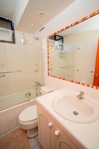 W łazience znajduje się umywalka, toaleta i prysznic. w obiekcie Departamento grande frente a playa Cavancha w mieście Iquique