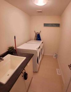 a laundry room with a washing machine and a sink at Modern & Cozy Kawartha Getaway in Kawartha Lakes +28 photos