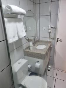 La salle de bains est pourvue de toilettes, d'un lavabo et d'un miroir. dans l'établissement Gran Lençóis Flat Residence, à Barreirinhas