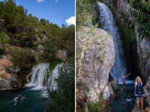 two pictures of people swimming in a waterfall at ALGAR LOFT, diseño y climatización in Callosa d'en Sarrià