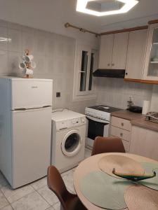 een keuken met een wasmachine en een tafel met stoelen bij AniBo studios and apartments ZERO POINT 46 in Thessaloniki