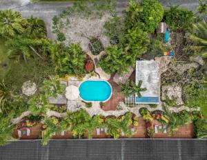 an overhead view of a resort with a swimming pool and palm trees at Rarotonga Daydreamer Escape in Rarotonga