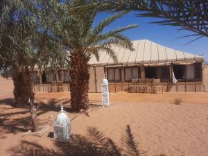 a building in the desert with a palm tree at desert camp in Adrouine