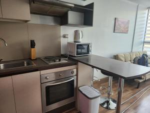 a kitchen with a counter top and a microwave at Departamento Paseo Bulnes Parking a pagar in Santiago