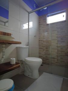 y baño con aseo y ducha acristalada. en Trilhas da chapada Hospedagem, en Alto Paraíso de Goiás