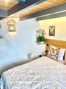 ein Schlafzimmer mit einem weißen Bett und einer blauen Wand in der Unterkunft Casa Fina in São Pedro do Sul