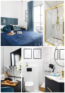 a collage of pictures of a bathroom and a bedroom at Luxury Design Apartments - Warsaw Tower Bliska Wola in Warsaw