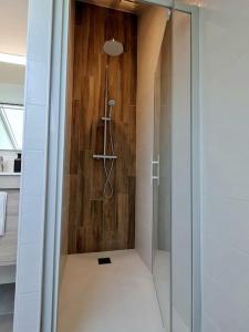eine Dusche mit Glastür im Bad in der Unterkunft Appartement avec vue in Fougères