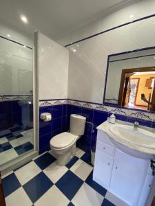 ein Badezimmer mit Toilette, Waschbecken und Spiegel in der Unterkunft La Xana del Profundu in Villaviciosa