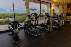 een fitnessruimte met verschillende cardio-apparaten voor een raam bij Hotel Vinícola Parvada by Lumina in Parras de la Fuente