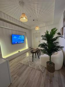 a living room with a potted plant and a tv at شقة مودرن حي الروضة in Jeddah