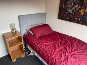 a bedroom with a red bed and a night stand at Kaiapoi Village House in Kaiapoi