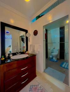 a bathroom with a sink and a shower with a toilet at Auberge Dar Ruby 