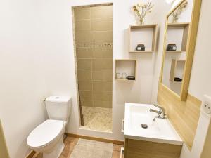 łazienka z toaletą, umywalką i prysznicem w obiekcie Gîte restauré 6 pers. au bord de la rivière, proche centre, parking et wifi - FR-1-410-380 w mieście Sablé-sur-Sarthe +4 zdjęcia
