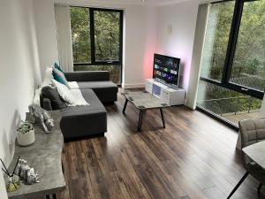 a living room with a couch and a tv at Perfect City Centre Apartment in Birmingham