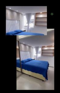 two pictures of a bedroom with a bed with blue sheets at Apartamento beira mar in João Pessoa