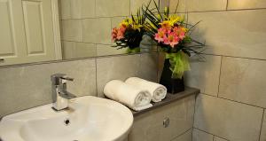a bathroom with a sink and two vases of flowers at Slaney Suites in Enniscorthy