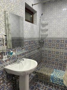 La salle de bains est pourvue d'un lavabo et d'une douche. dans l'établissement VOSTOK HOTEL, à Boukhara
