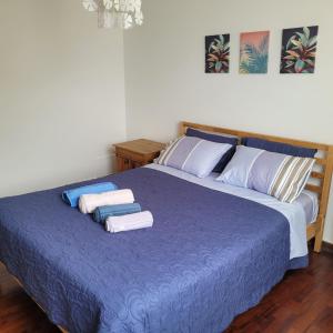 Un dormitorio con una cama azul con toallas. en The Guest House 1 at the booming center of Miraflores, Lima - Peru en Lima