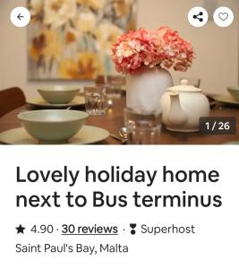 un folleto para una casa junto a una mesa con flores en Lovely holiday home next to Bus terminus en St. Paul's Bay