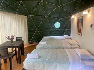 1 dormitorio con 2 camas, mesa y pared verde en Sky Lodge Domes Loreta Playa Sahuayaco en Sahuayacu