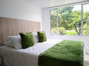 Un dormitorio con una cama con almohadas verdes y una ventana en FEDERMAN PARK HOTEl en Bogotá