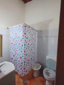 a bathroom with a toilet and a shower curtain at BACANO hostel in Las Heras