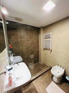 een badkamer met een douche, een wastafel en een toilet bij Quinta Colores •con cochera• in Mendoza