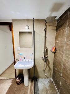 een badkamer met een wastafel en een douche bij Quinta Colores •con cochera• in Mendoza