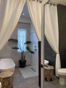 Beautiful artist's suite w full bath kitchenettte في توسان: حمام مع مرحاض ومغسلة ودش