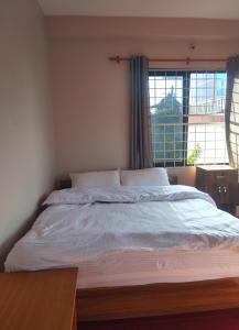 uma cama grande num quarto com uma janela em Namaste Stay Apartment em Pokhara