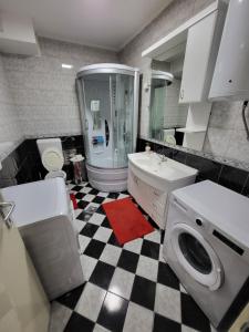 a bathroom with a sink and a washing machine at Stan u centru Prnjavor in Prnjavor