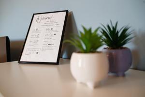dois vasos de plantas sentados numa mesa com um menu em B14-Exclusive apartment&parking em Timişoara