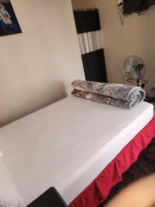 ein weißes Bett in einem Zimmer mit einem Kissen darauf in der Unterkunft HUNTERS NEST GUEST HOUSE MAFIKENG in Mahikeng