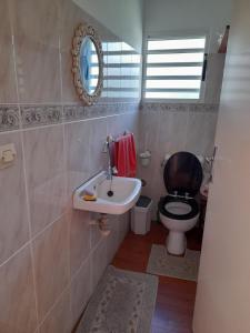 ein Badezimmer mit einem Waschbecken, einem WC und einem Spiegel in der Unterkunft Maison de charme, en Plaine Poésie -chez l'habitant- in La Plaine des Palmistes