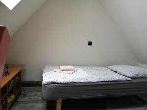 1 dormitorio con 1 cama con 2 toallas en Włóczykijówka, en Jarnołtówek