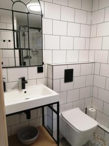 La salle de bains blanche est pourvue d'un lavabo et de toilettes. dans l'établissement Włóczykijówka, à Jarnołtówek