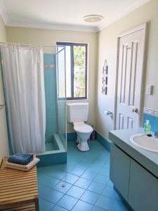 uma casa de banho com um WC, um chuveiro e um lavatório. em Bright & breezy chalet close to town & beach em Dunsborough