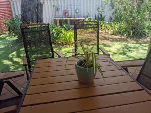 a wooden table with a potted plant on it at Bright & breezy chalet close to town & beach in Dunsborough