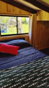 a bed with a red pillow in a room with a window at Cabaña en Llifen in Futrono