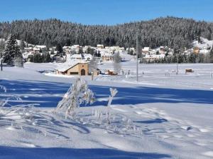 a snow covered field with a town in the background at Appartement T2 bis à morbier in Morbier