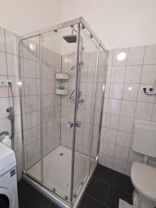 eine Dusche mit Glastür im Bad in der Unterkunft Spacious apartment in Asten perfect for long stays in Asten