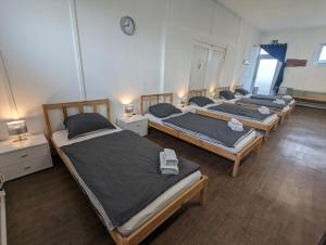 eine Gruppe von 4 Betten in einem Zimmer in der Unterkunft Spacious apartment in Asten perfect for long stays in Asten