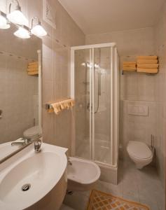 uma casa de banho com um chuveiro, um lavatório e um WC. em Residence Corones em Valdaora