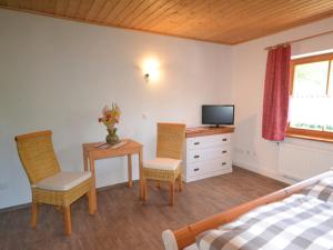 a bedroom with a bed and a desk with a television at Holzhammer Hof in Bayerbach