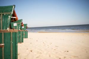 - une rangée de chaises de plage sur la plage dans l'établissement Strandhotel garni Kormoran, à Zinnowitz