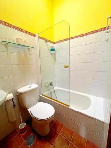 ein Badezimmer mit einem WC, einer Dusche und einer Badewanne in der Unterkunft Casa G. Mirador de las Ubiñas in Ríospaso