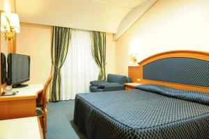 Habitación de hotel con cama y TV de pantalla plana. en Hotel La Bella Venere, en Caprarola
