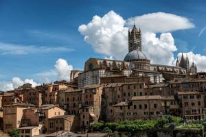 una ciudad con una torre de reloj en la cima de una colina en Casa Onda - nel cuore della contrada, en Siena